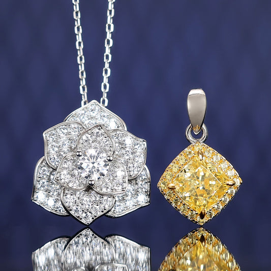 Micro-setting Yellow diamond color Lab created stones Camellia necklace, sterling silver