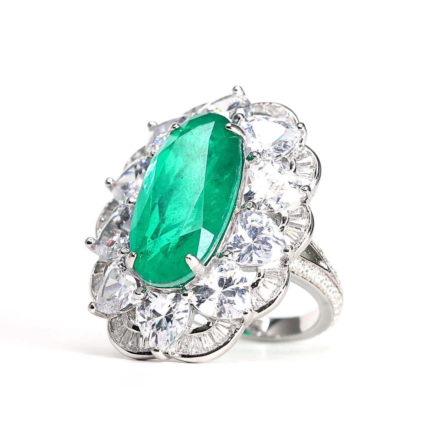 Special offer Micro-setting emerald color Lab created stones Oval fancy ring, sterling silver