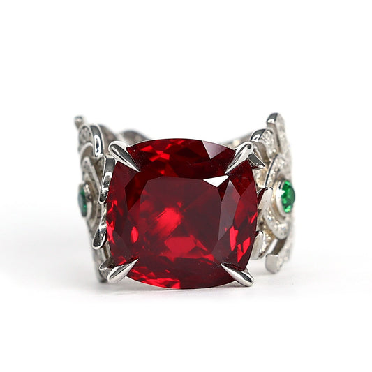 Micro-setting Ruby color Lab created stones phoenix tail ring, sterling silver