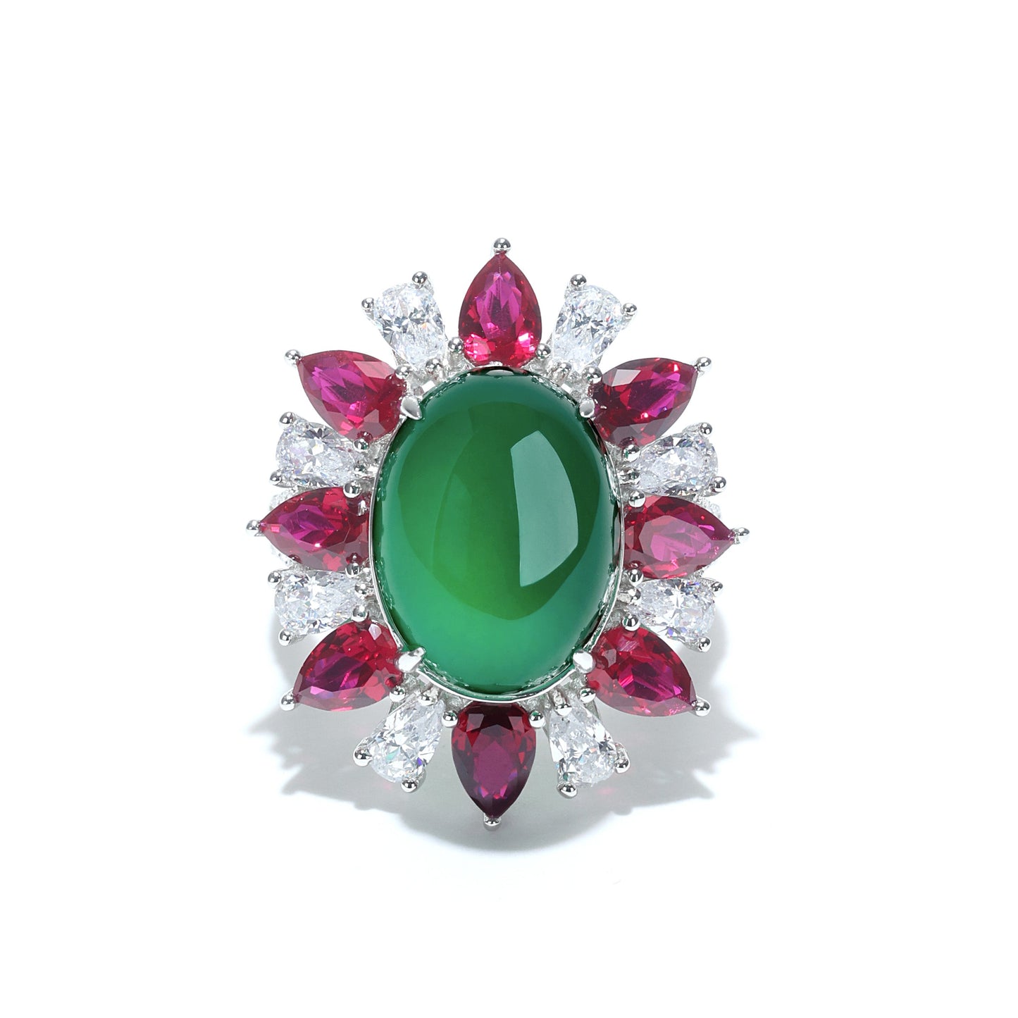 Micro-setting Jade and Ruby color Lab created stones Cabochon pigeon egg ring, sterling silver