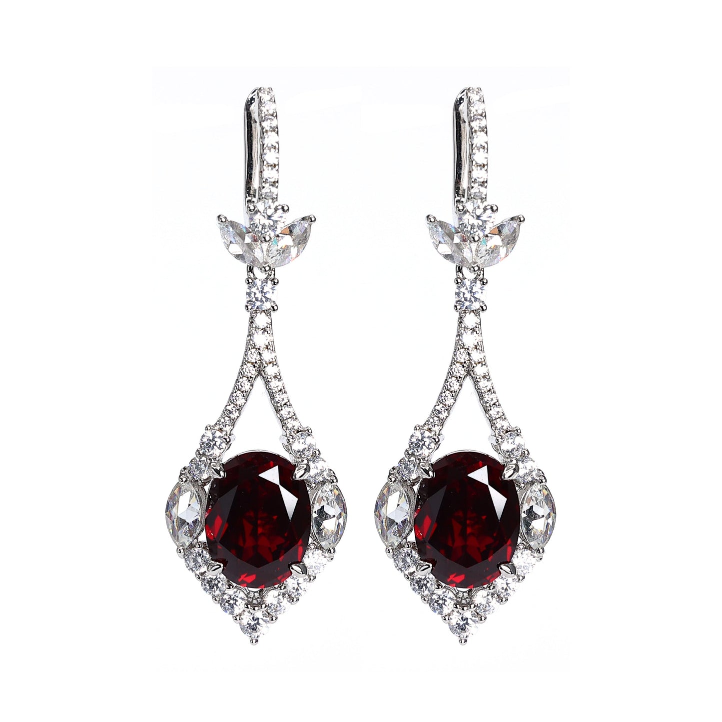 Micro-setting Ruby color lab created stones fancy earrings, sterling silver.