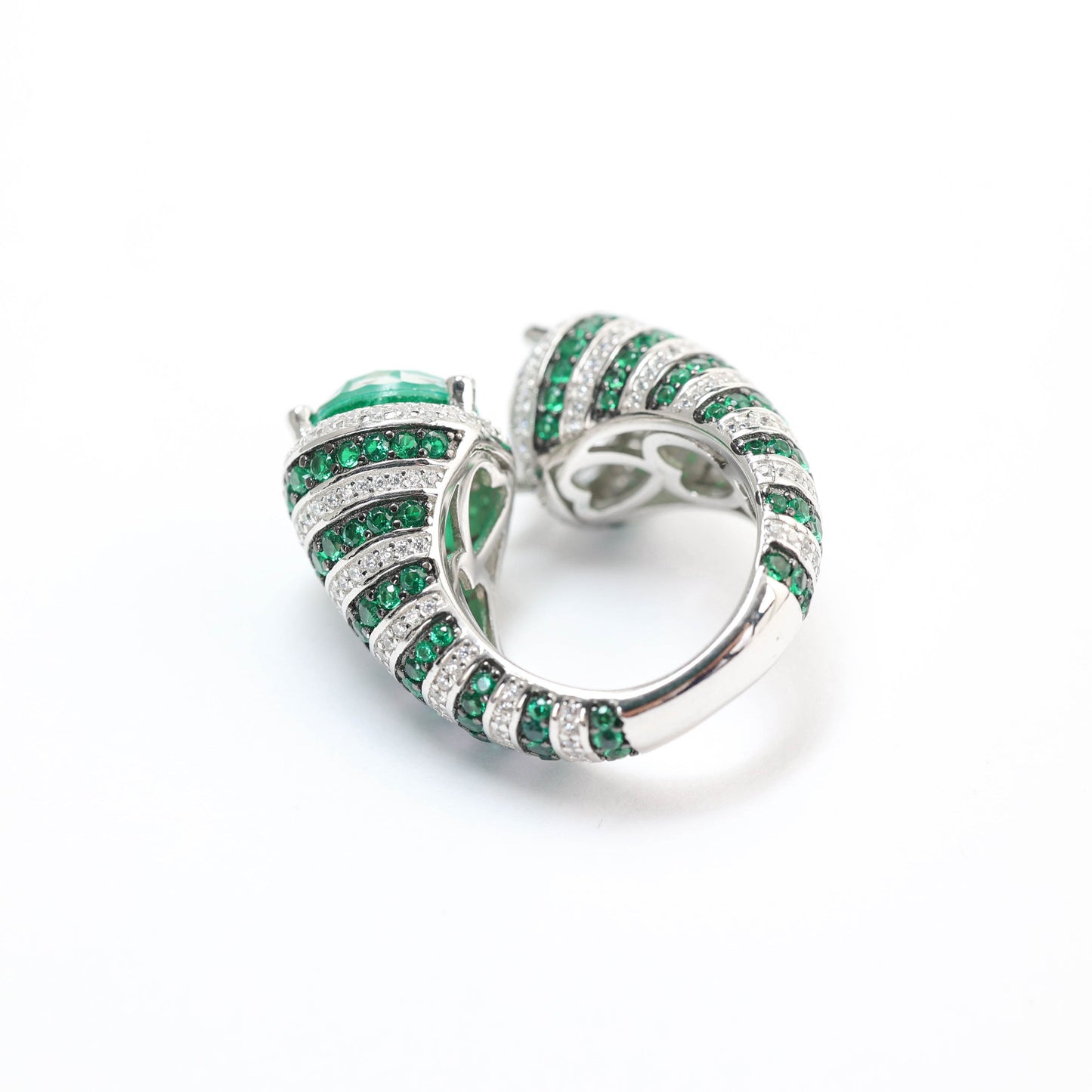 Micro-setting Emerald color Lab created stones Zebra ring, sterling silver