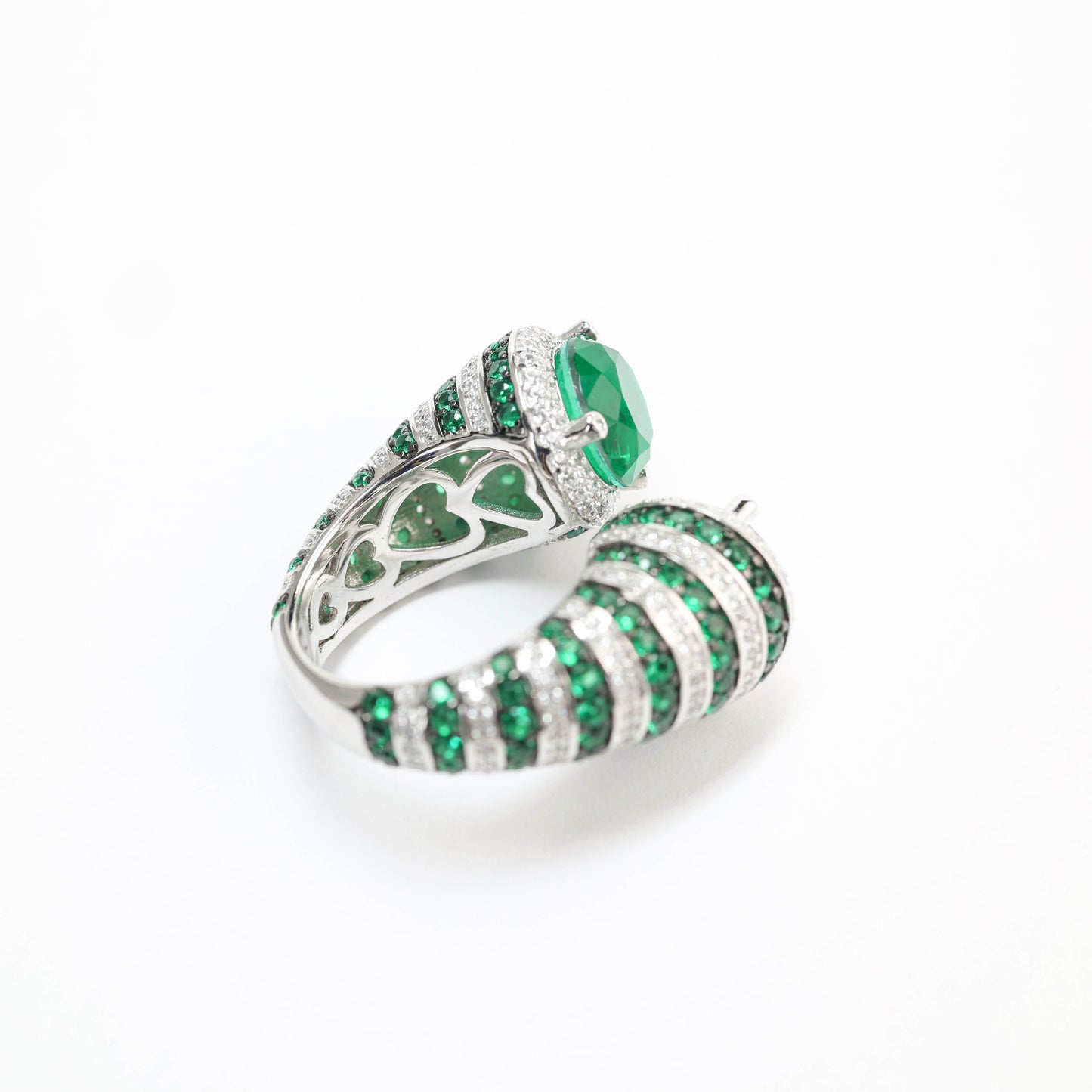 Micro-setting Emerald color Lab created stones Zebra ring, sterling silver