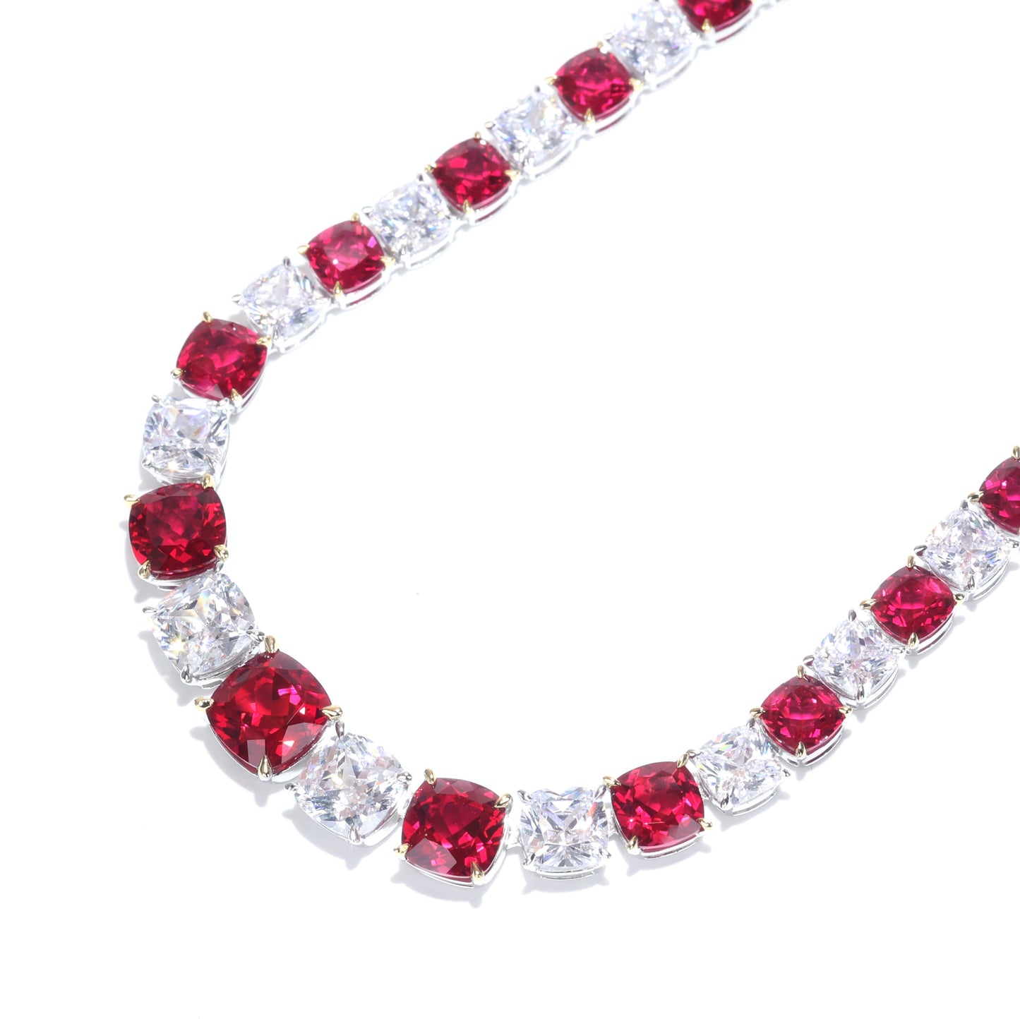 Micro-setting Ruby and clear diamond color Lab created stones cushion modern tennis necklace , sterling silver