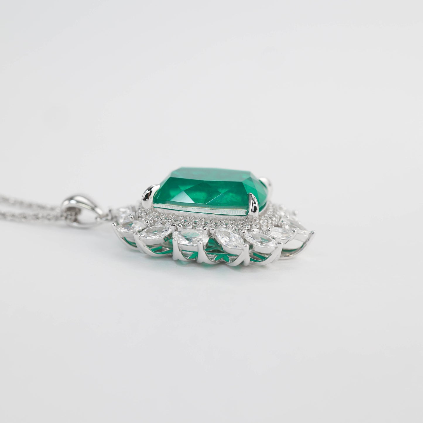 Micro-setting Rectangular horse eye shape emerald color Lab created stones necklace, sterling silver.( 13.5 carat )