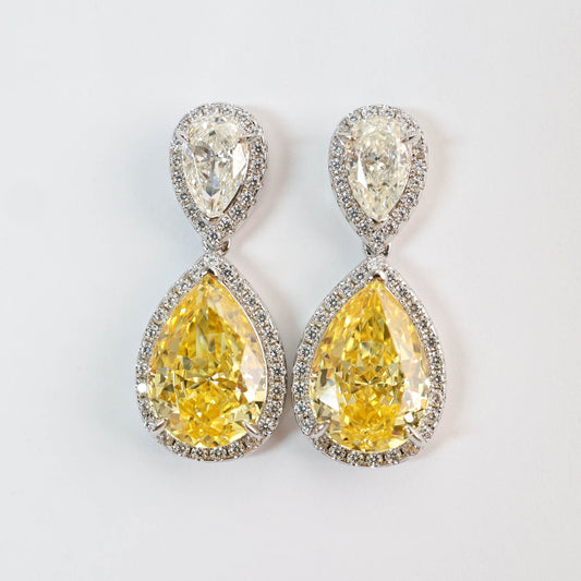 Micro-setting Yellow diamond color Lab created stones two drops earrings, sterling silver.