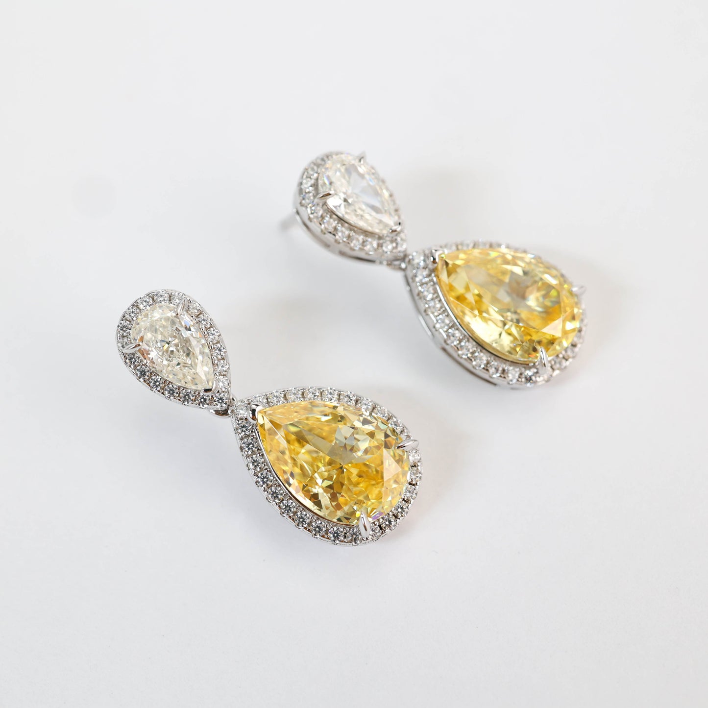 Micro-setting Yellow diamond color Lab created stones two drops earrings, sterling silver.