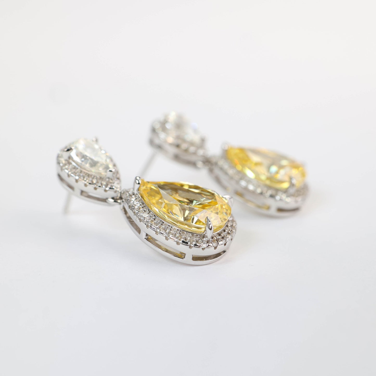 Micro-setting Yellow diamond color Lab created stones two drops earrings, sterling silver.