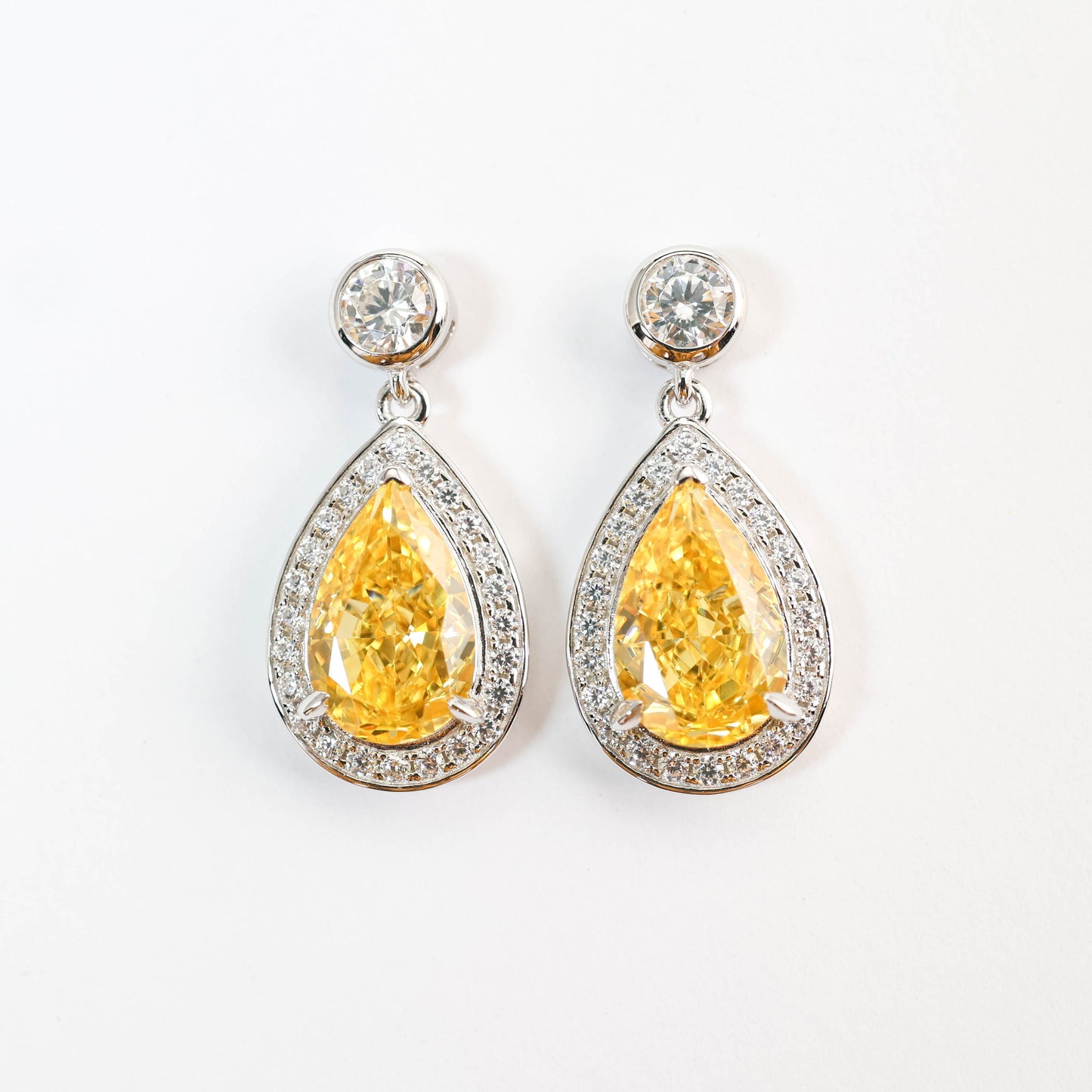 Promotional design Micro-setting Yellow diamond color Lab created stones waterdrop earrings, sterling silver.