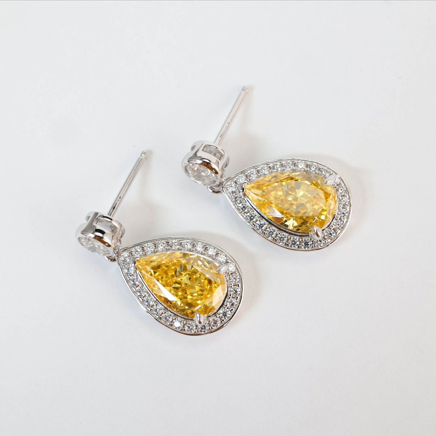 Promotional design Micro-setting Yellow diamond color Lab created stones waterdrop earrings, sterling silver.