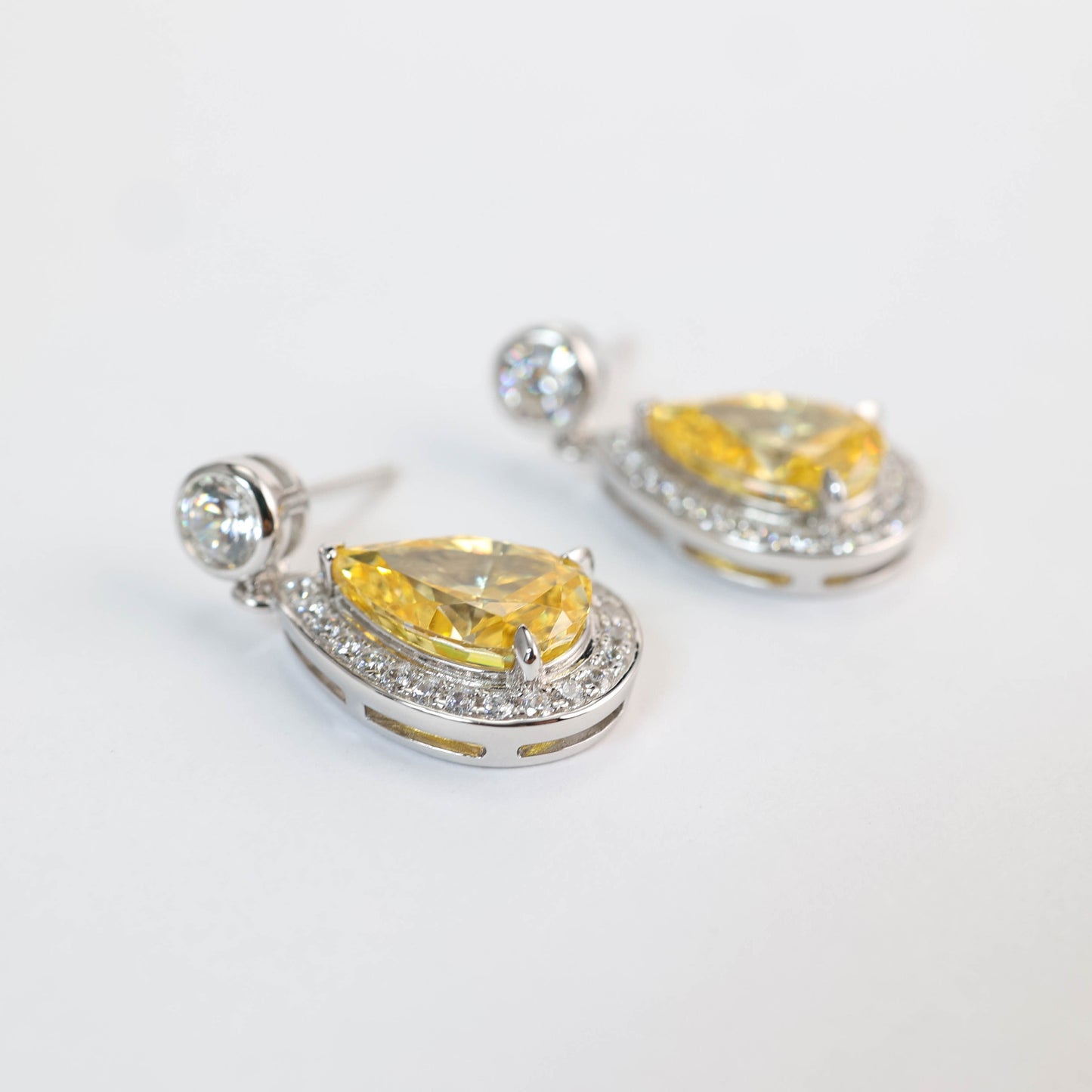 Promotional design Micro-setting Yellow diamond color Lab created stones waterdrop earrings, sterling silver.