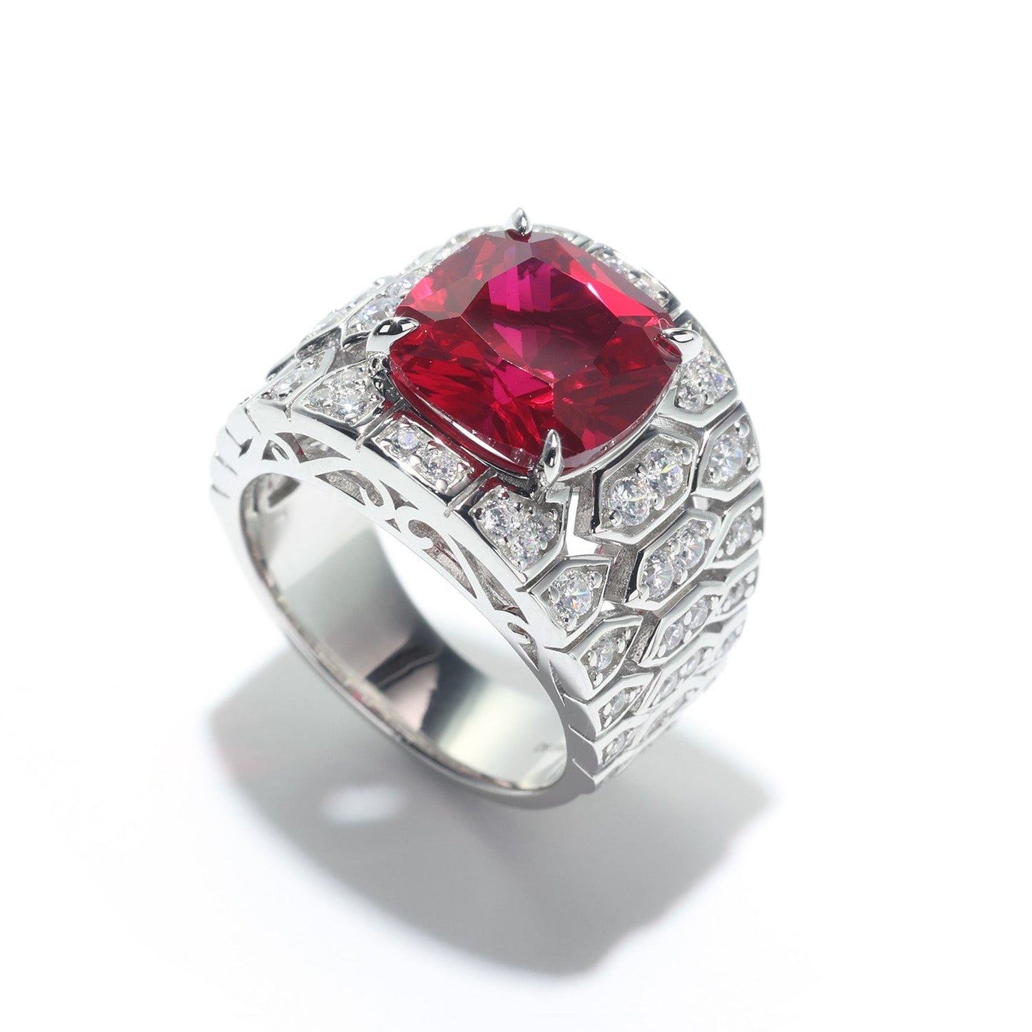 Micro-setting ruby color Lab created stones detailed Modern ring, sterling silver