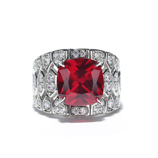 Micro-setting ruby color Lab created stones detailed Modern ring, sterling silver