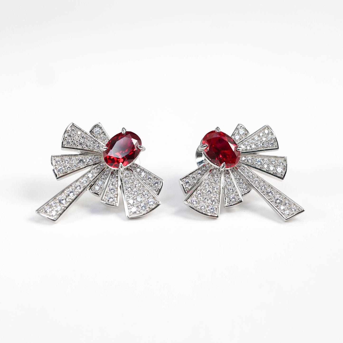 Micro-setting Ruby color Lab created stones proud as a peacock earrings, sterling silver