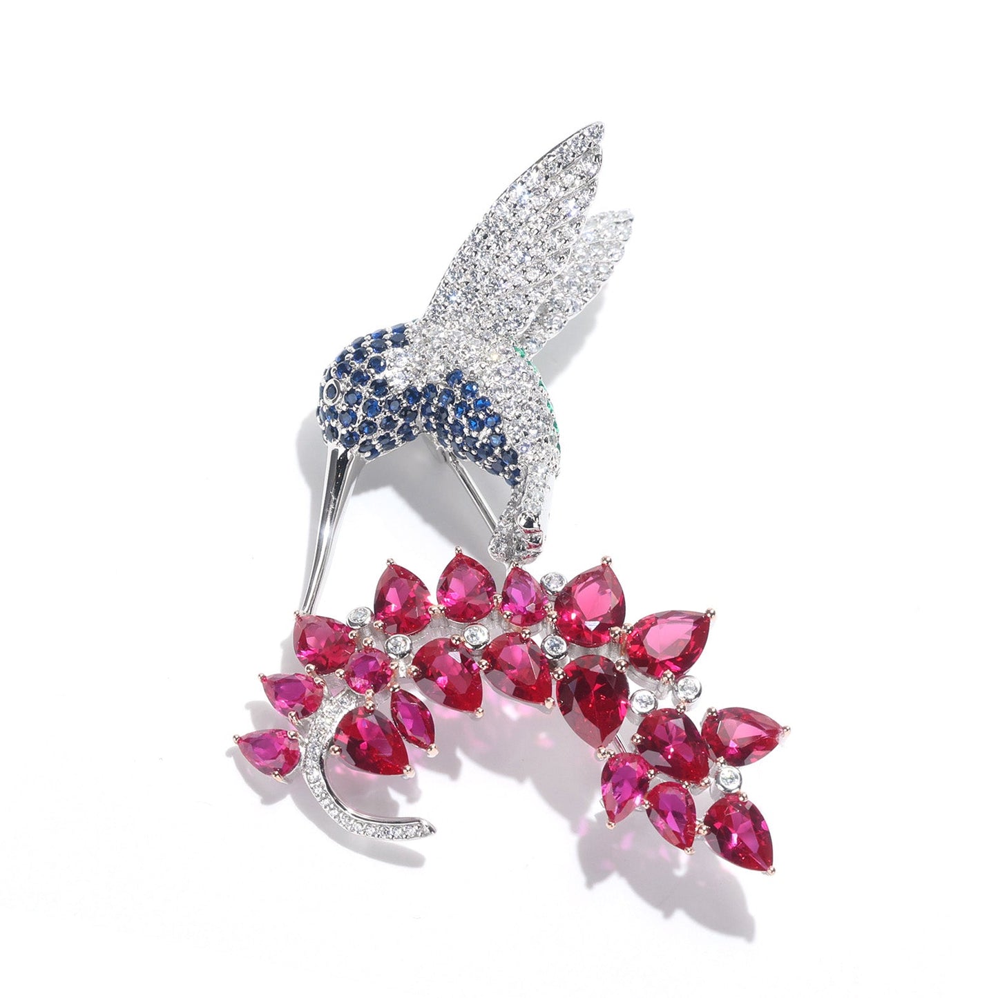 Customized only 1 piece. Micro-setting Ruby color Lab created stones The humming bird brooch, sterling silver