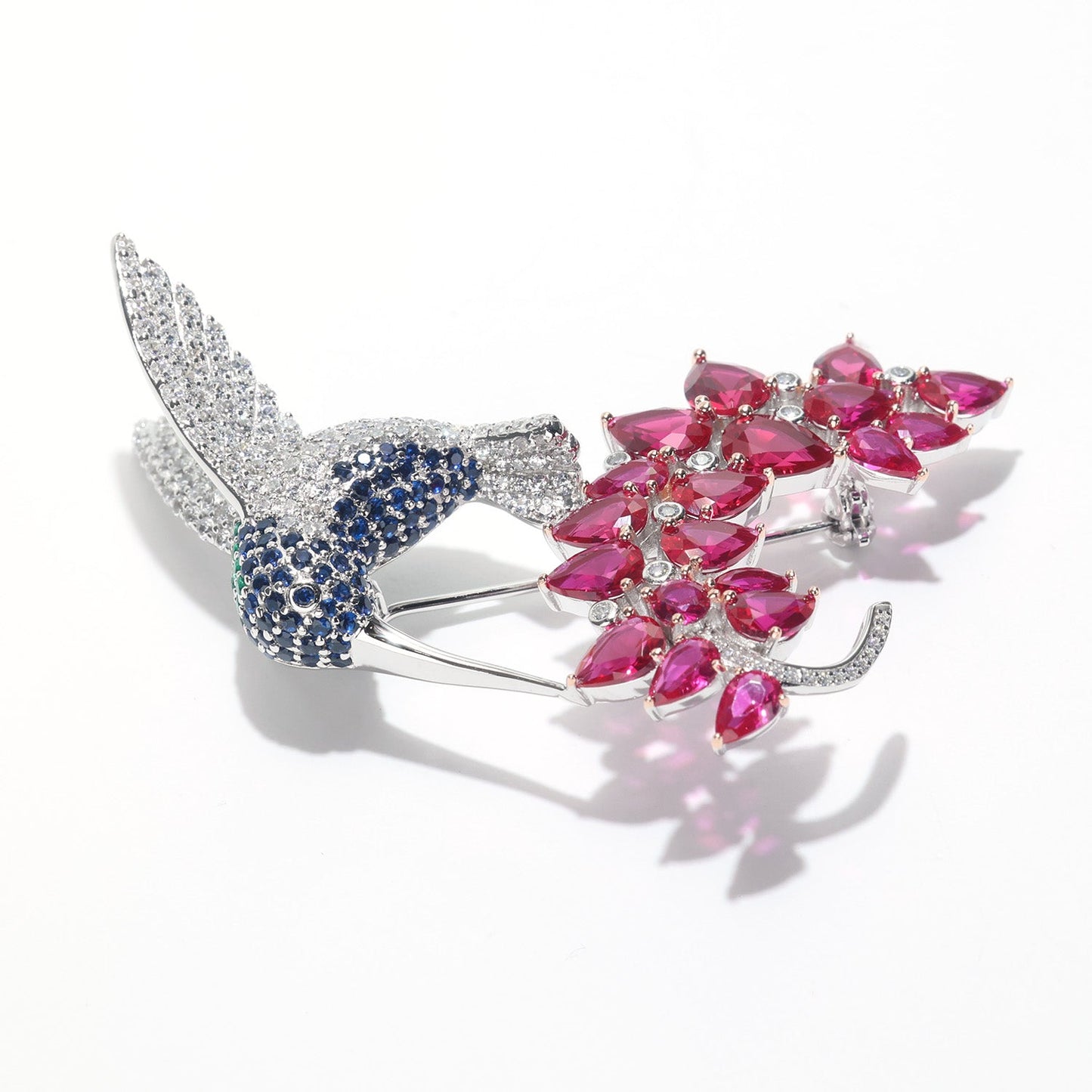 Customized only 1 piece. Micro-setting Ruby color Lab created stones The humming bird brooch, sterling silver