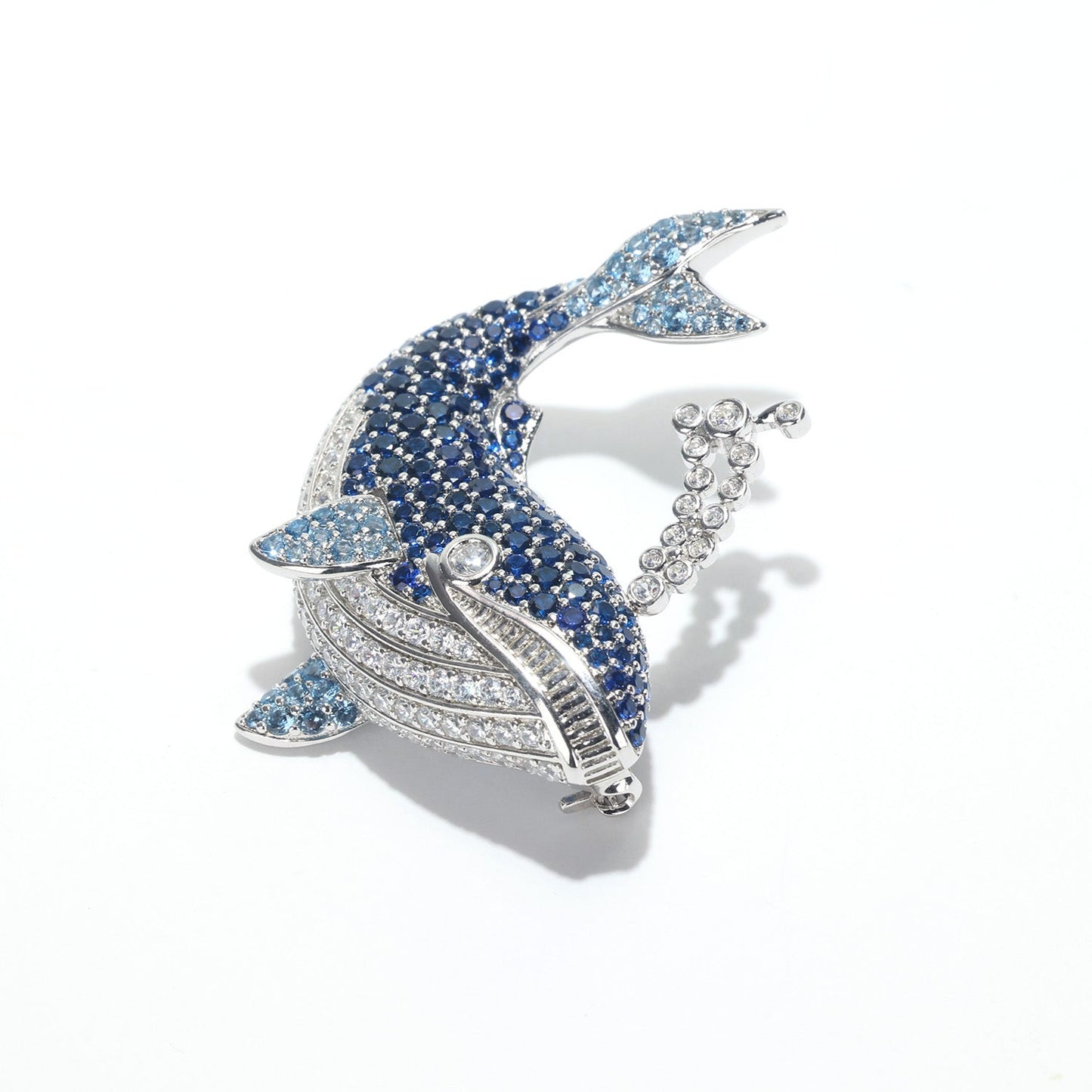 Customized only 1 piece. Micro-setting Aquamarine and Sapphire color Lab created stones The whale brooch, sterling silver