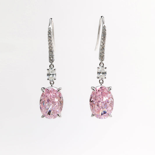 Micro-setting pink diamond color Lab created stones pigeon egg hook earrings, sterling silver