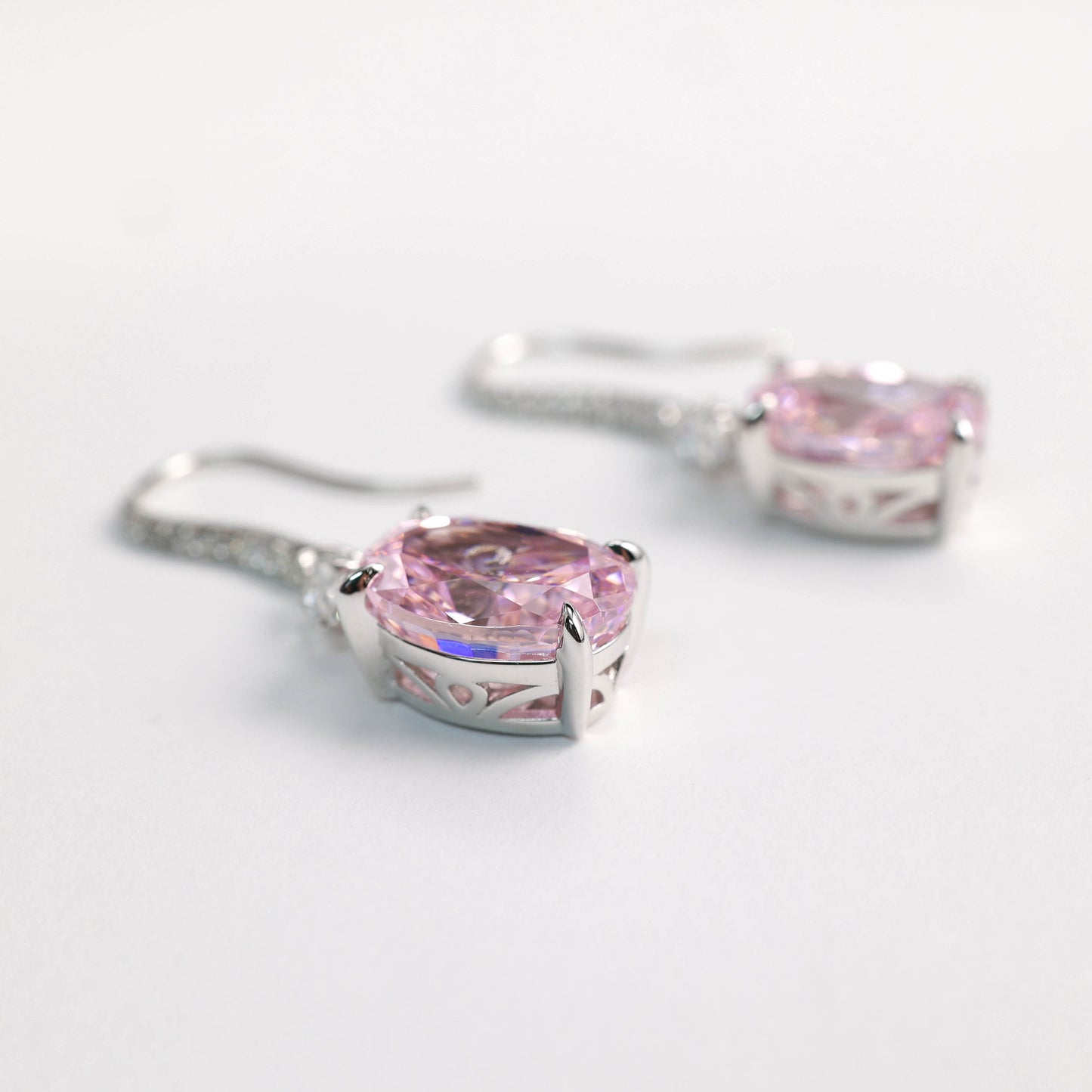 Micro-setting pink diamond color Lab created stones pigeon egg hook earrings, sterling silver