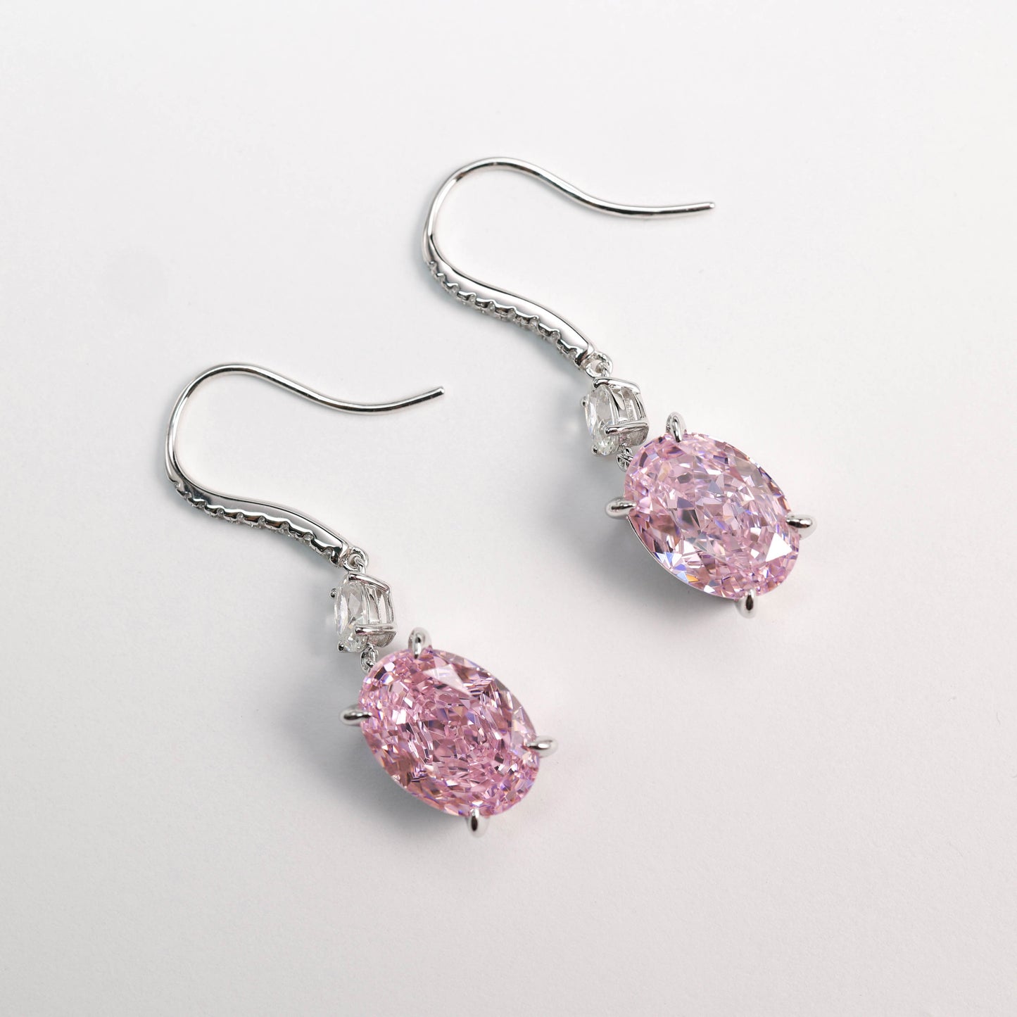 Micro-setting pink diamond color Lab created stones pigeon egg hook earrings, sterling silver