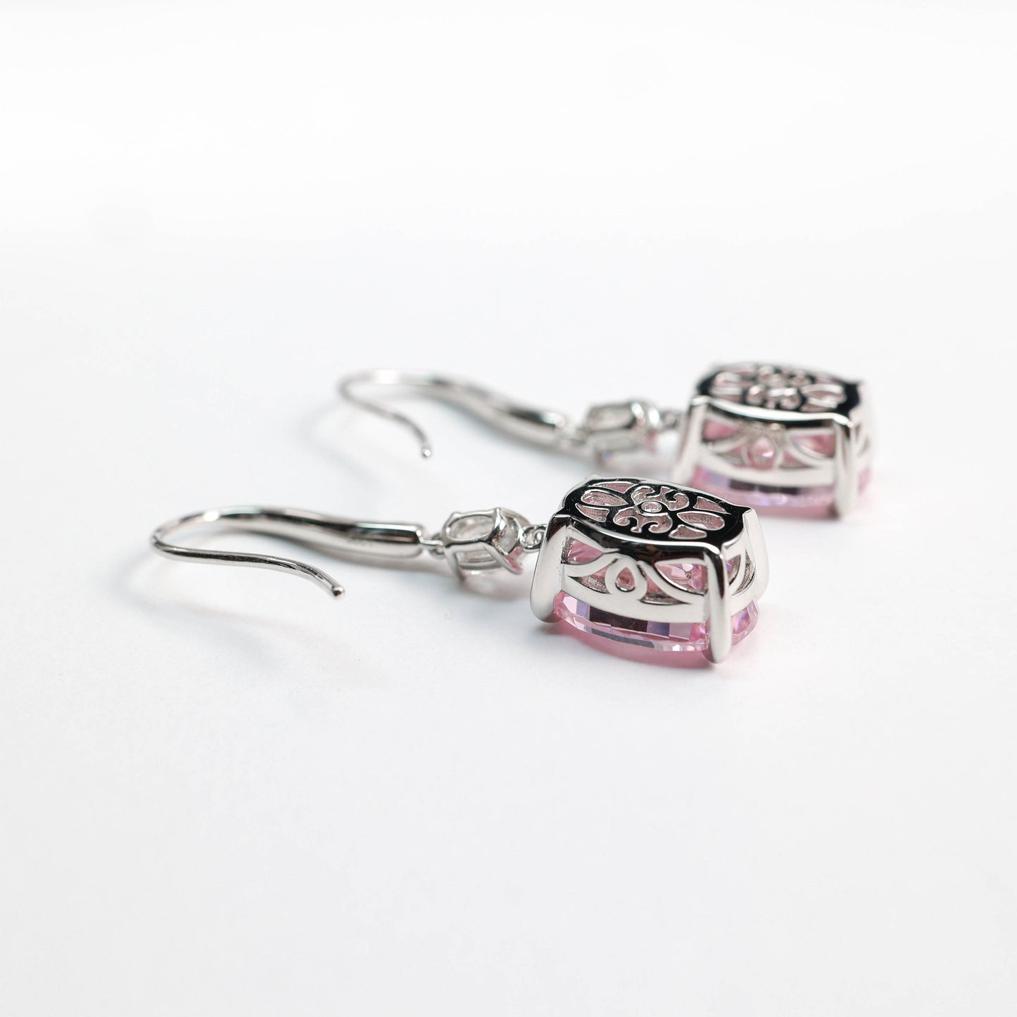 Micro-setting pink diamond color Lab created stones pigeon egg hook earrings, sterling silver