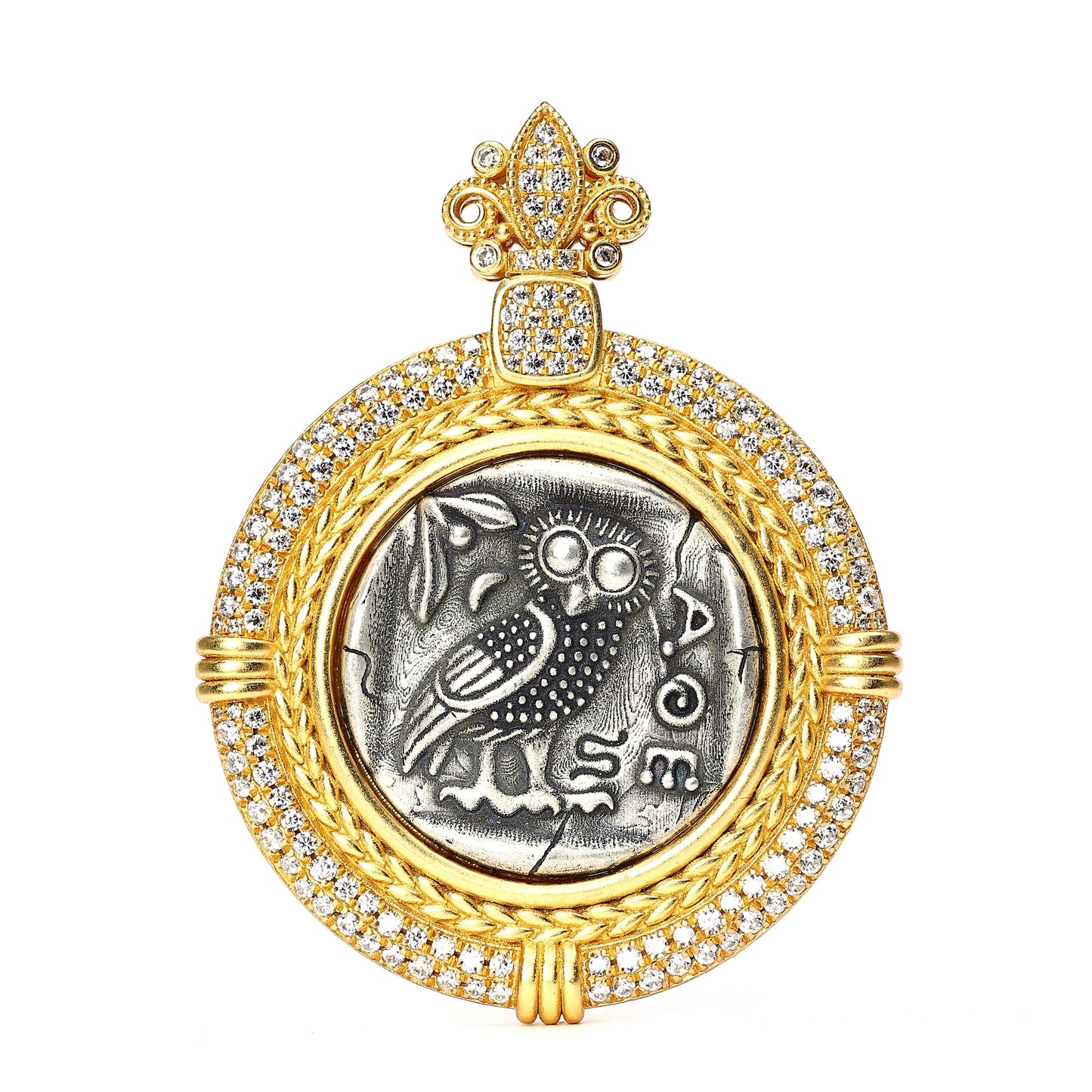 Micro-setting white shell two-sided ancient coins Goddess of wisdom Athena pendant, sterling silver