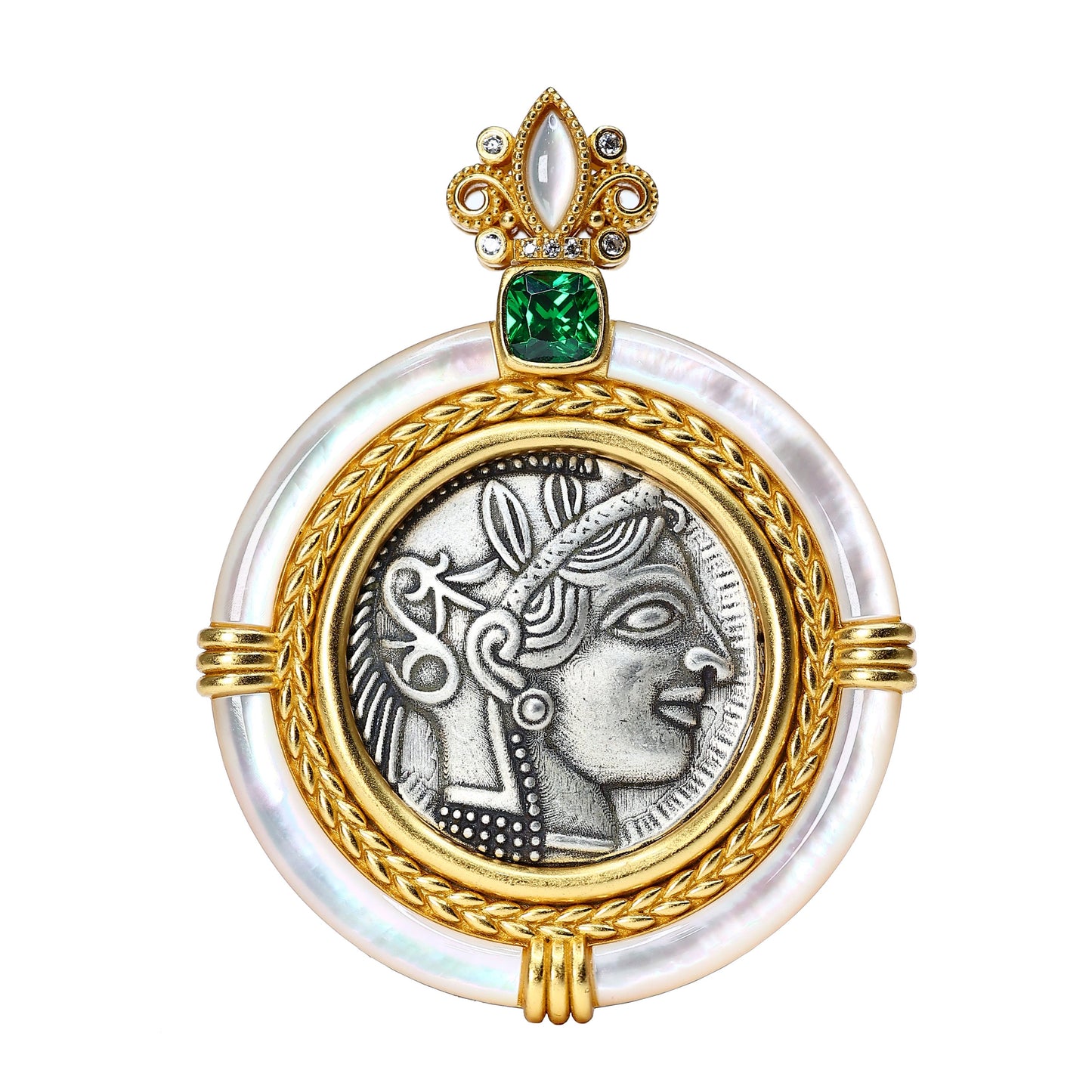 Micro-setting white shell two-sided ancient coins Goddess of wisdom Athena pendant, sterling silver