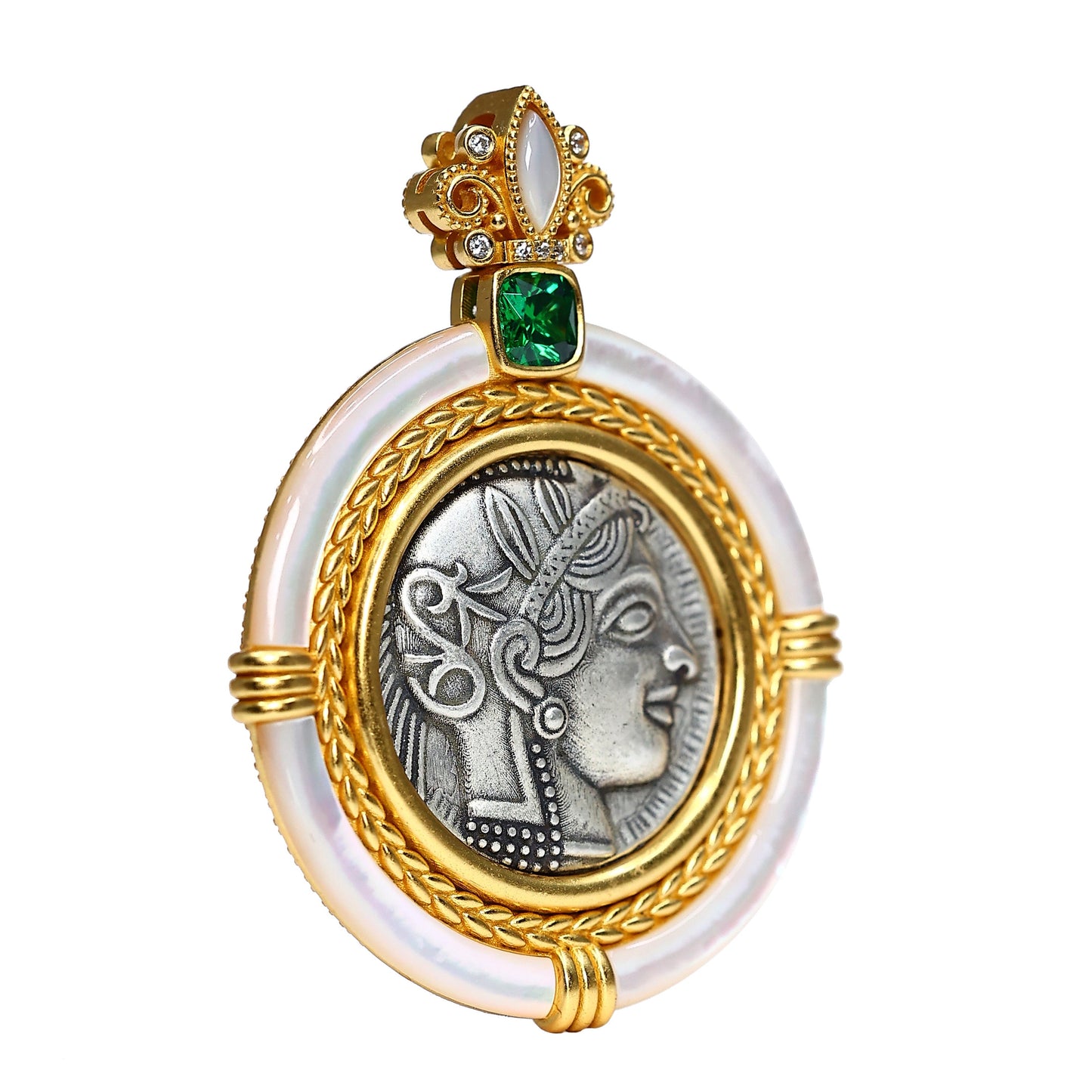 Micro-setting white shell two-sided ancient coins Goddess of wisdom Athena pendant, sterling silver