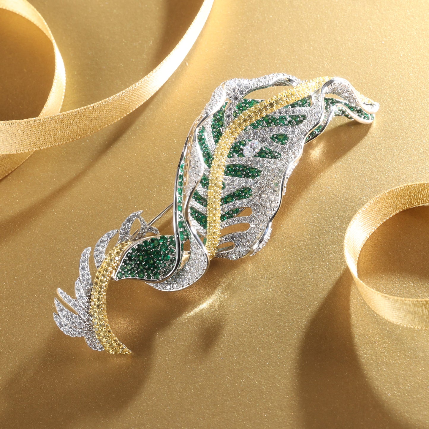 Customized only 1 piece Micro-setting emerald and diamond color Lab created stones 2 layers artistic detailed leaf brooch, sterling silver