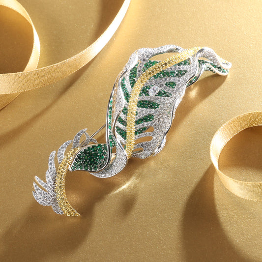 Customized only 1 piece Micro-setting emerald and diamond color Lab created stones 2 layers artistic detailed leaf brooch, sterling silver