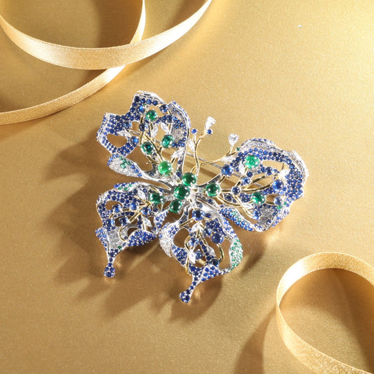 Customized only 1 piece Micro-setting emerald and sapphire color Lab created stones cabochon cut detailed butterfly brooch, sterling silver