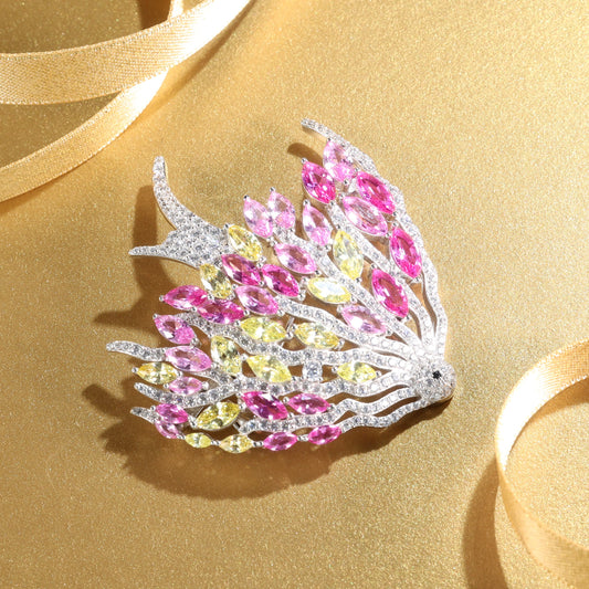 Customized only 1 piece Micro-setting pink and yellow diamond  color Lab created stones artistic detailed Fish brooch, sterling silver