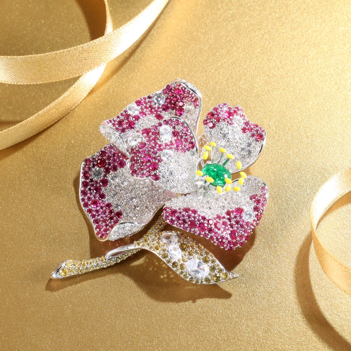 Customized only 1 piece Micro-setting Mixed color Lab created stones cabochon cut with yellow enamel artistic detailed flower brooch, sterling silver