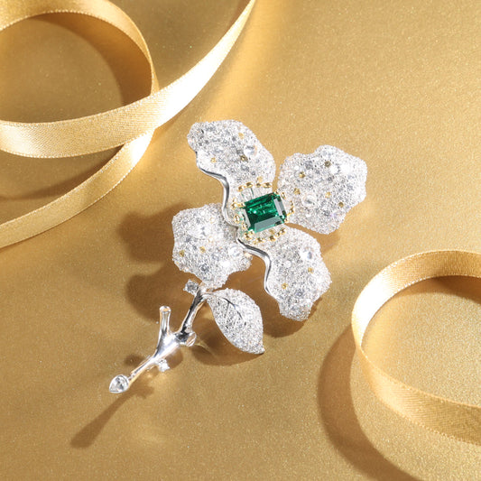 Customized only 1 piece Micro-setting Emerald and diamond color Lab created stones artistic detailed flower brooch, sterling silver