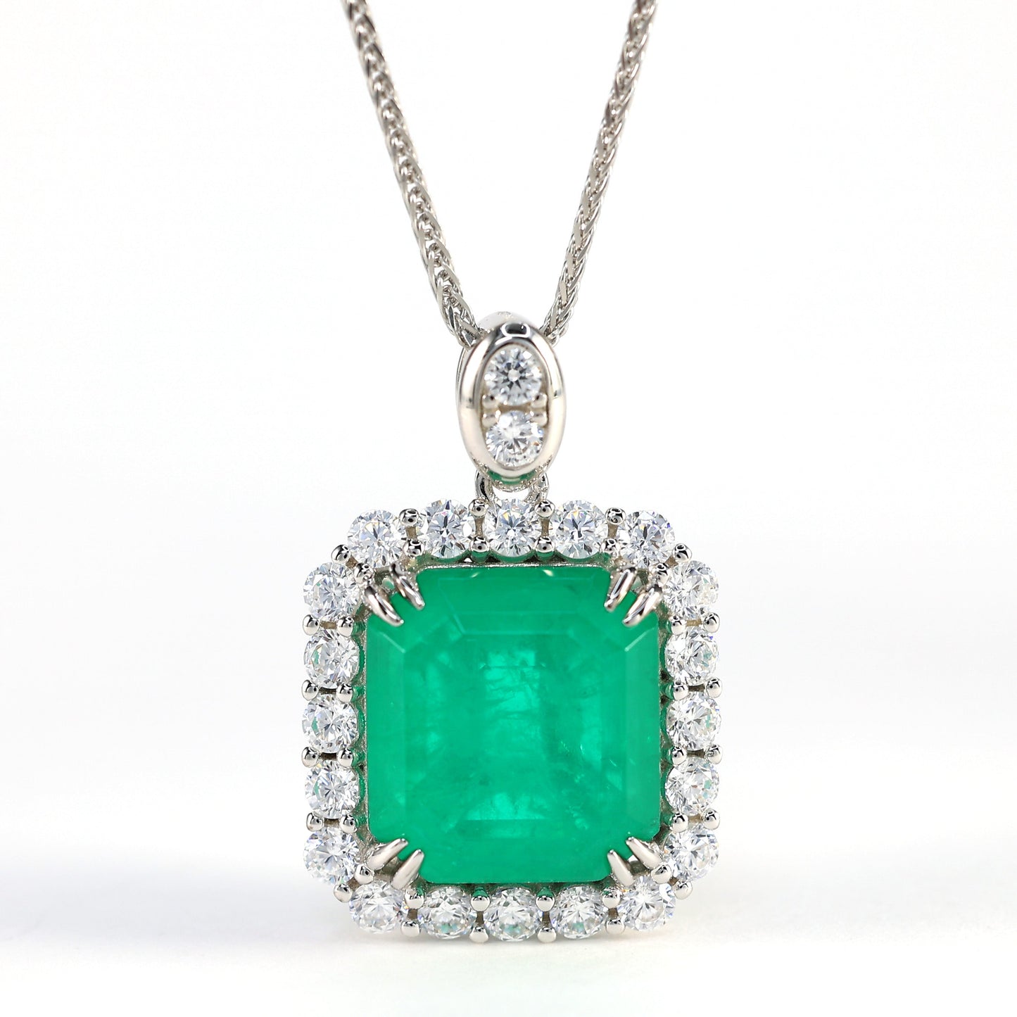 Micro-setting Emerald color Lab created stones 8 prong necklace, sterling silver. (8.96 carat)