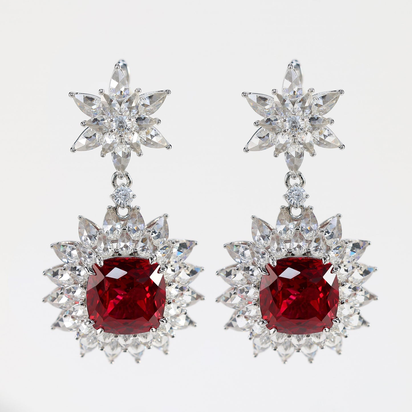 Micro-setting Ruby color Lab created stones Sunflower earrings, sterling silver.  (22 carat)