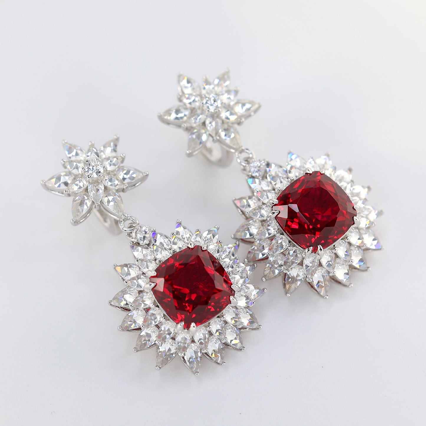 Micro-setting Ruby color Lab created stones Sunflower earrings, sterling silver.  (22 carat)