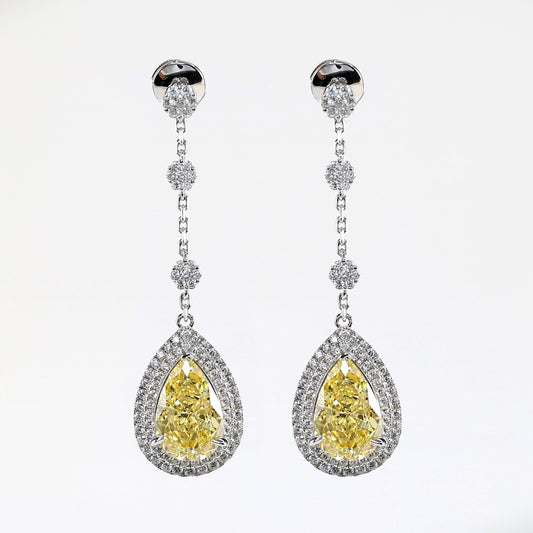 Micro-setting Yellow diamond color Lab created stones Long waterdrop earrings, sterling silver