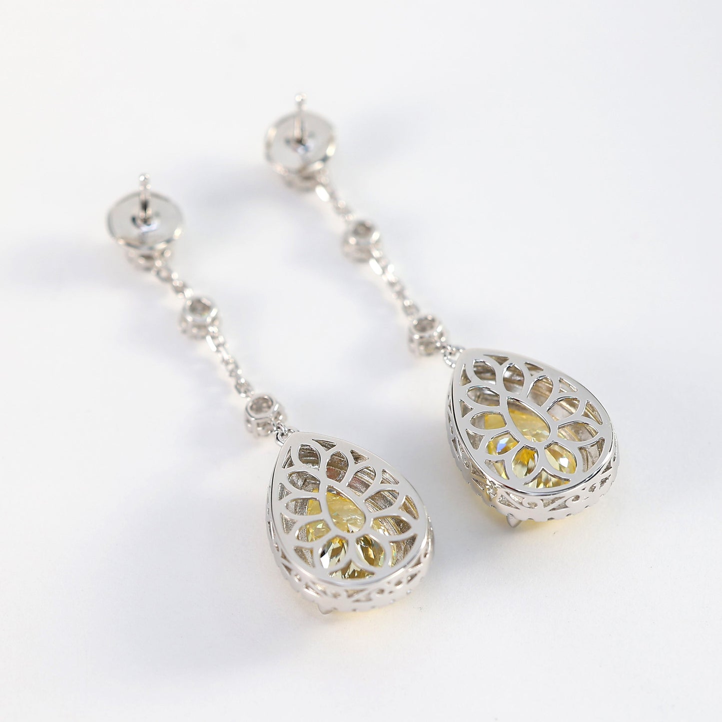 Micro-setting Yellow diamond color Lab created stones Long waterdrop earrings, sterling silver