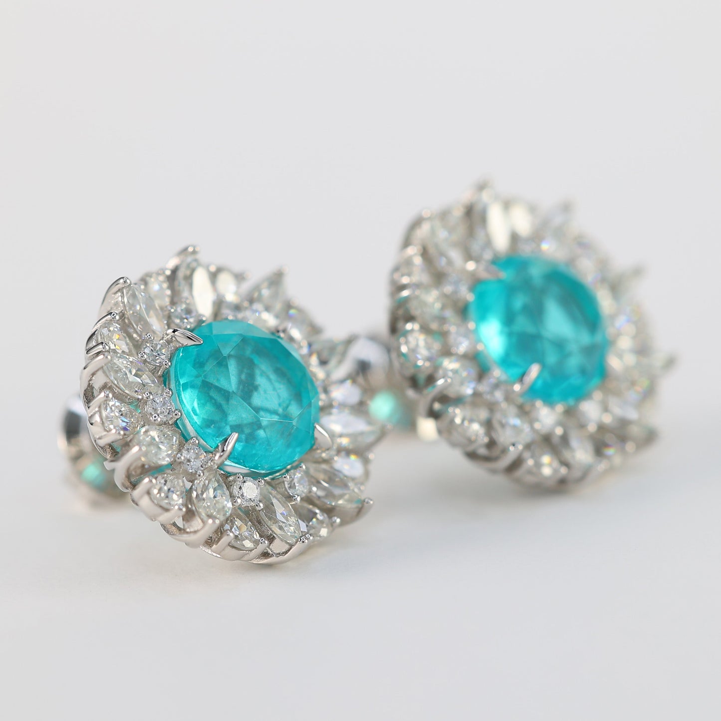 Micro-setting Paraiba color Lab created stones Sun-flower earrings, sterling silver