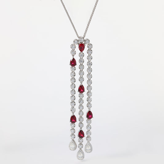 Micro-setting water drop Ruby color bubble chain tassel necklace, sterling silver