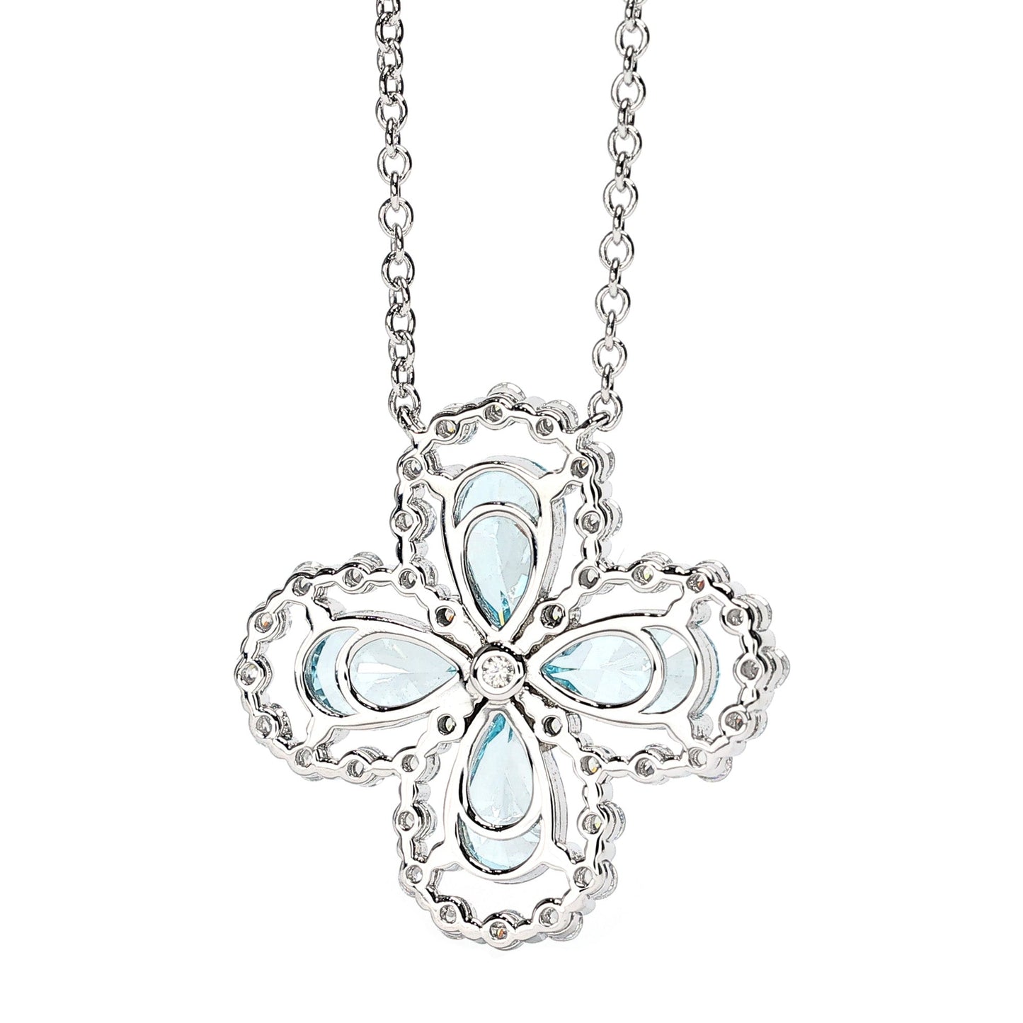 Micro-setting Aquamarine color waterdrop clover necklace, sterling silver