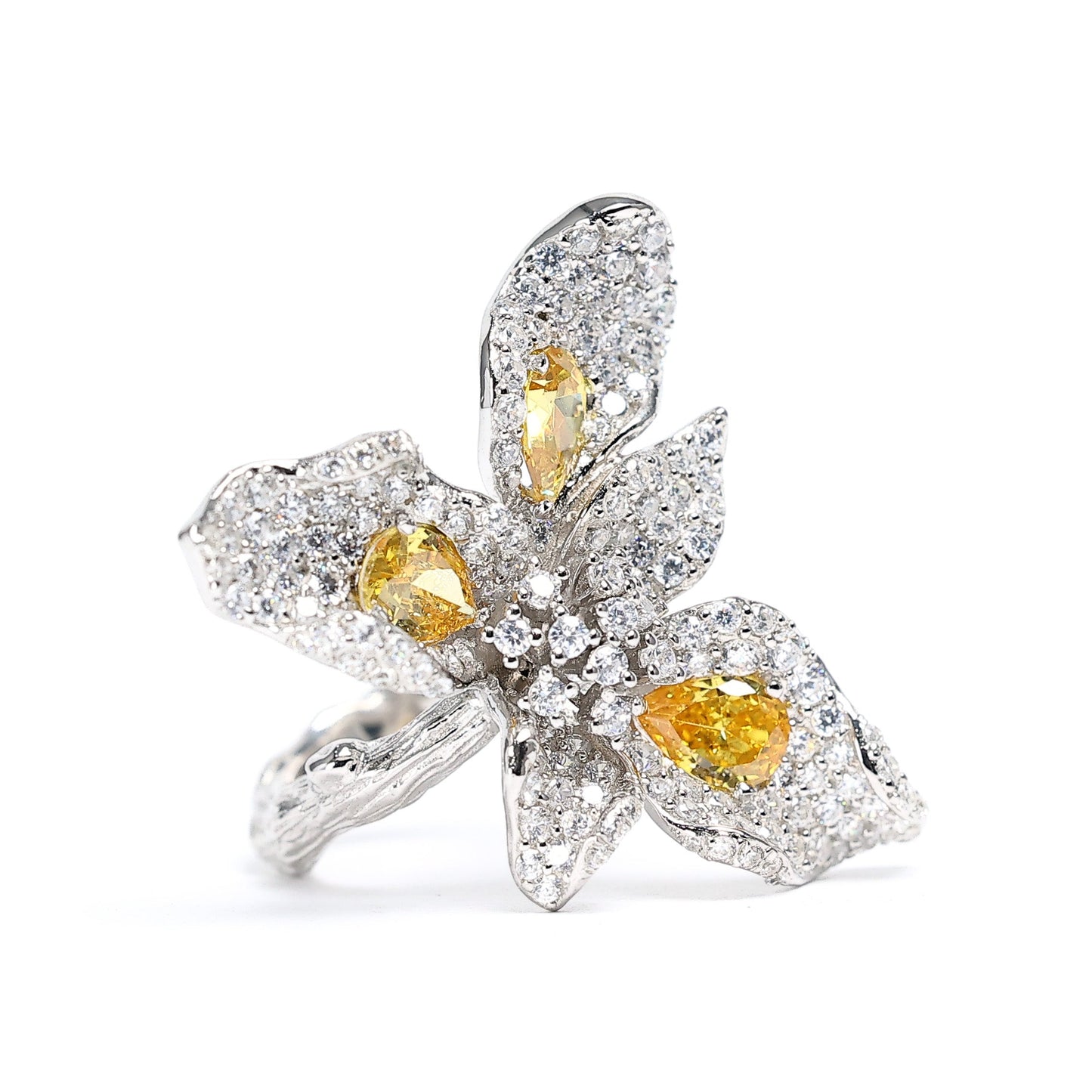 Micro-setting Yellow color mixed stones 3 petals fancy  ring, sterling silver