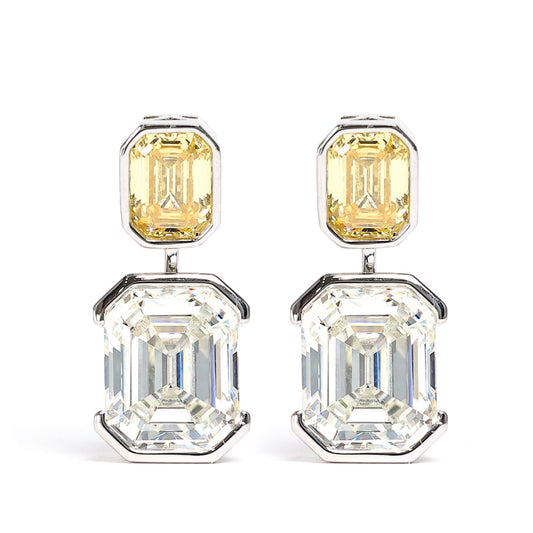 Micro-setting Emerald cut Shine like the sun and moon fancy earrings, sterling silver