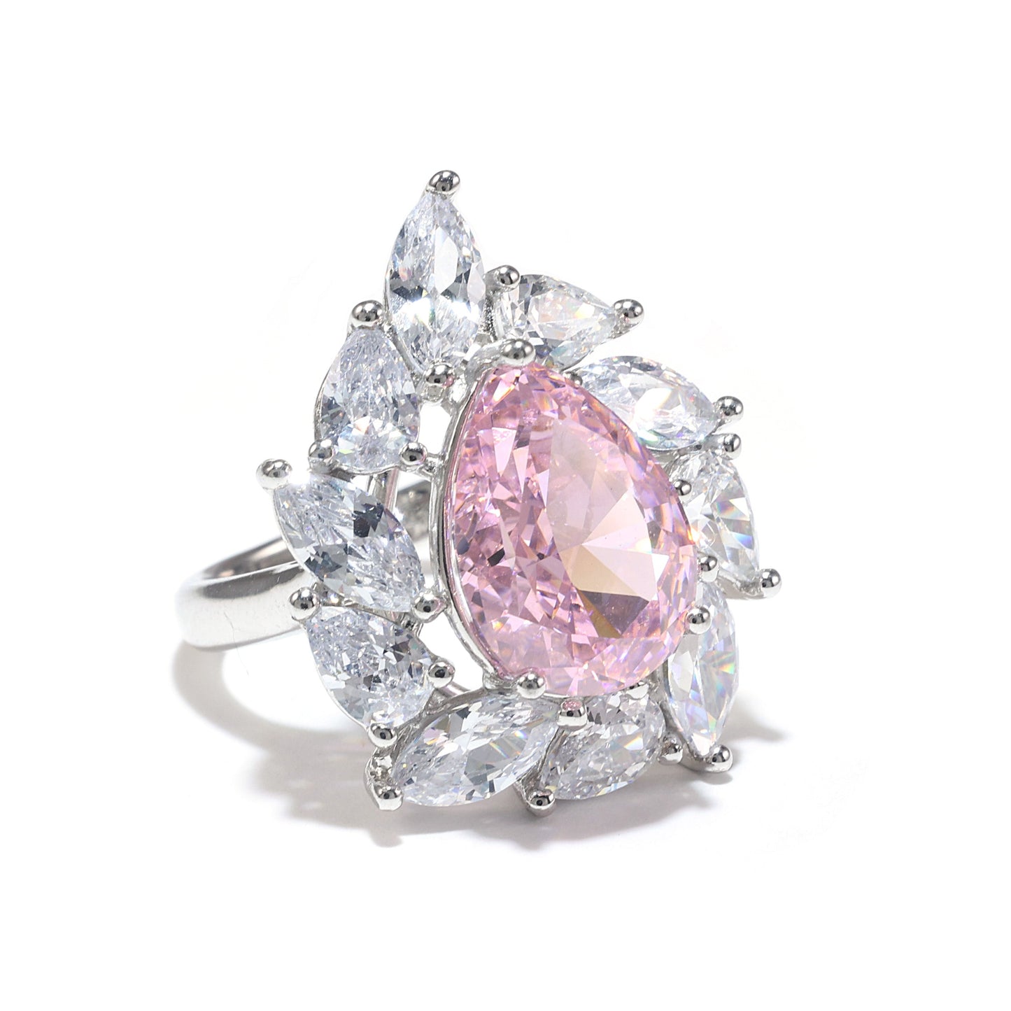 Promotional design Micro-setting Pink diamond color Lab created stones Tear drop ring, sterling silver