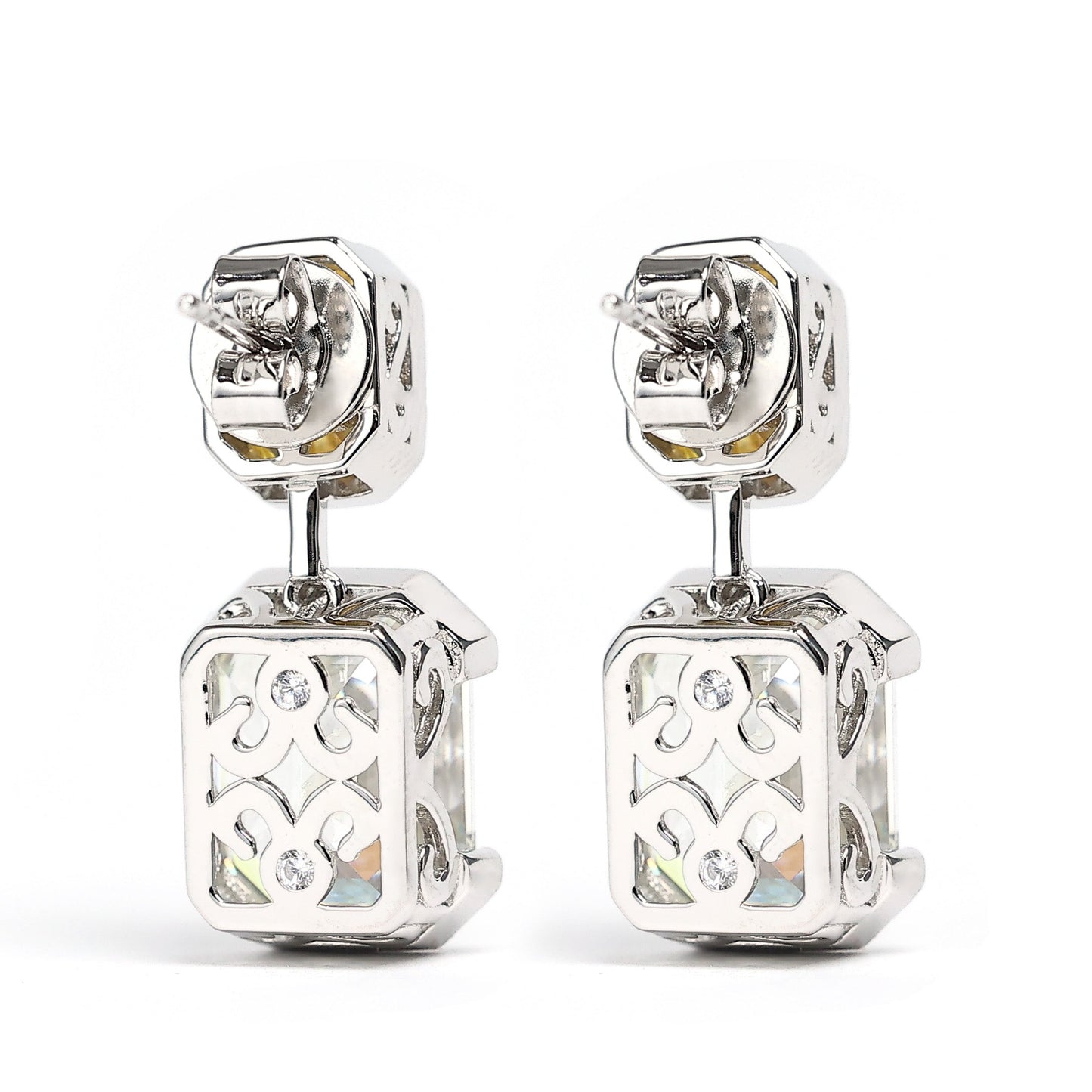 Micro-setting Emerald cut Shine like the sun and moon fancy earrings, sterling silver