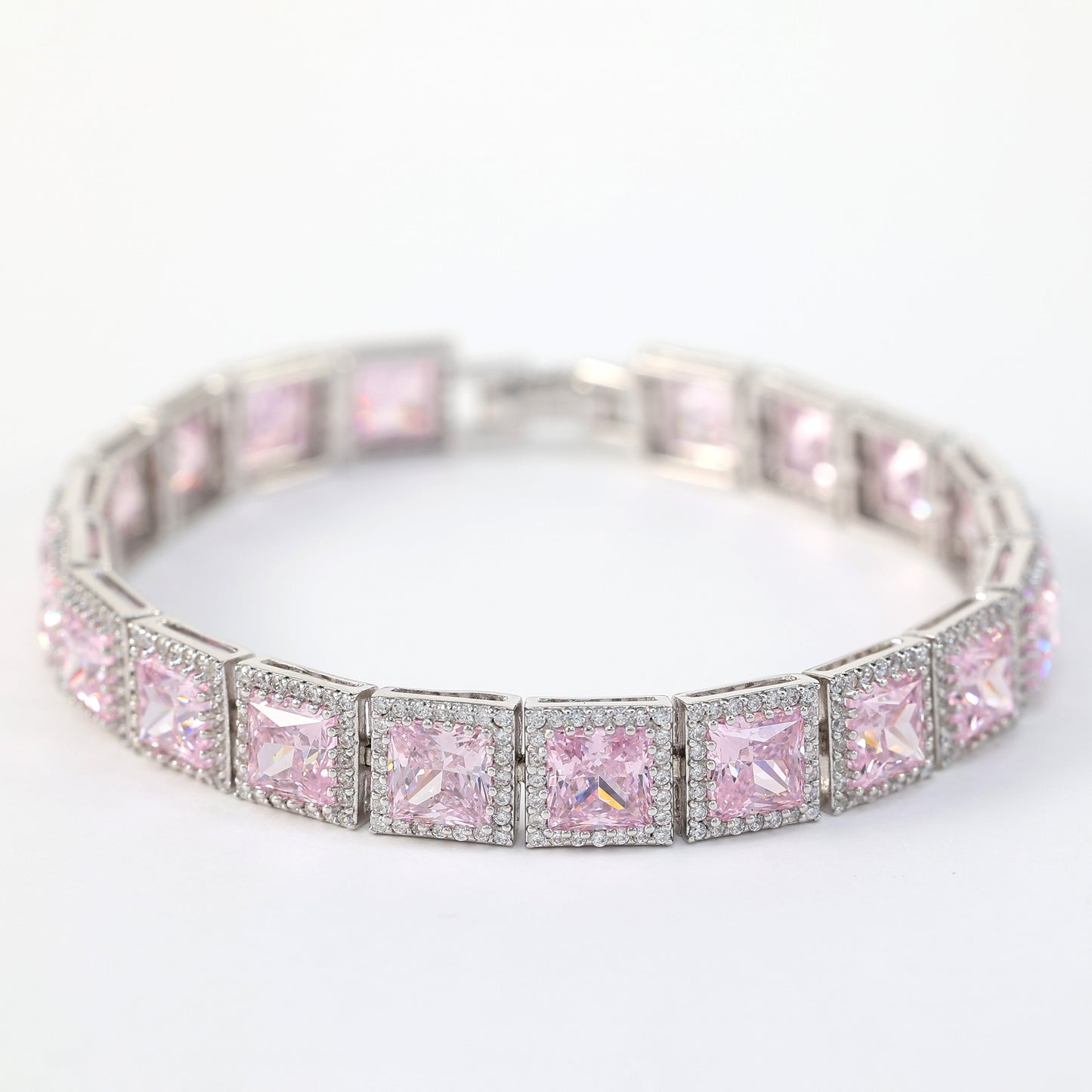 Only 1 piece Micro-setting Light pink diamond color lab created stones princess cut fully studded bracelet, sterling silver