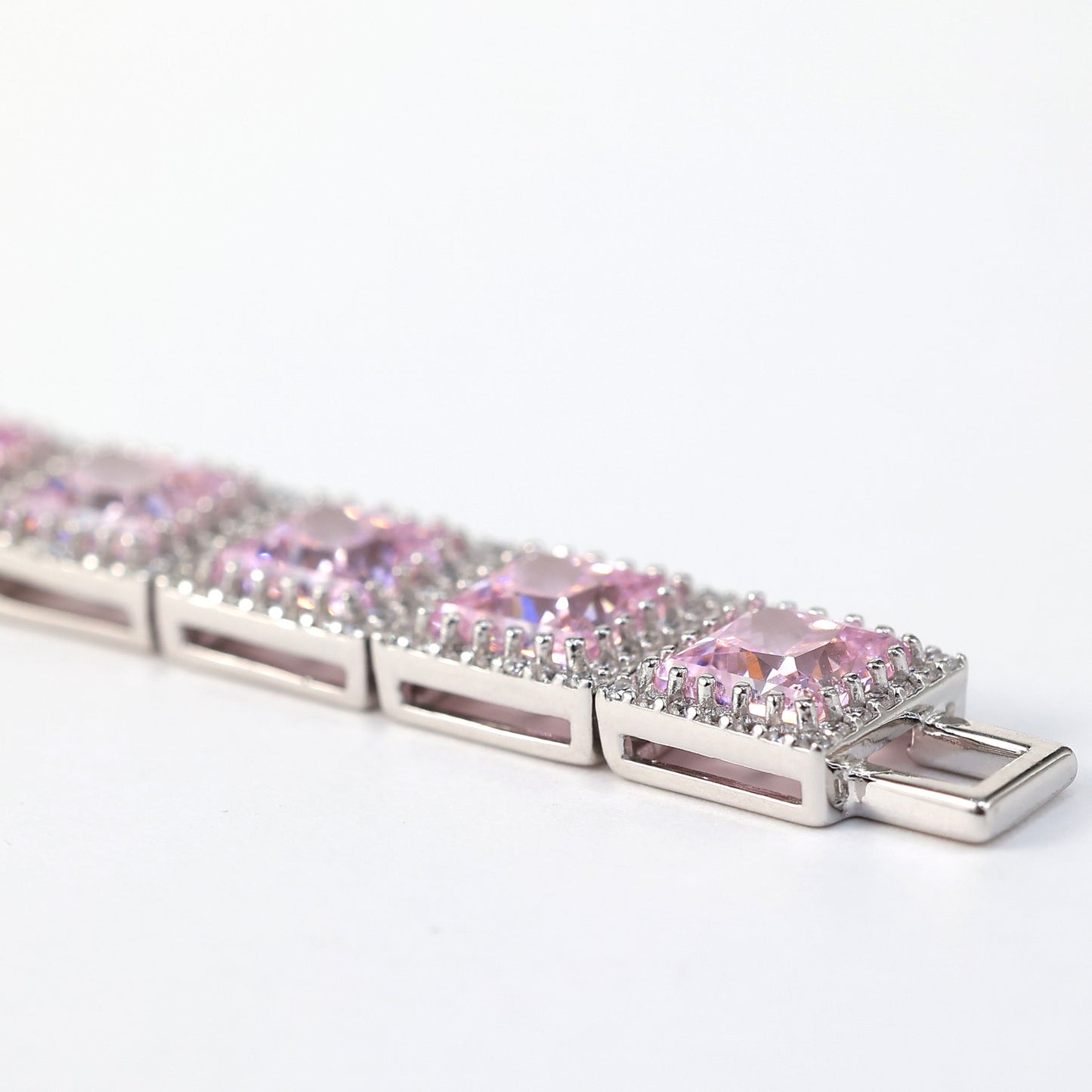 Only 1 piece Micro-setting Light pink diamond color lab created stones princess cut fully studded bracelet, sterling silver