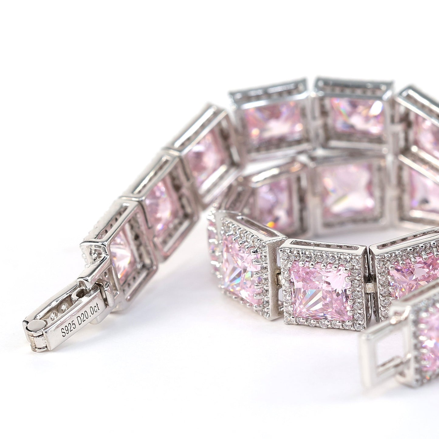 Only 1 piece Micro-setting Light pink diamond color lab created stones princess cut fully studded bracelet, sterling silver