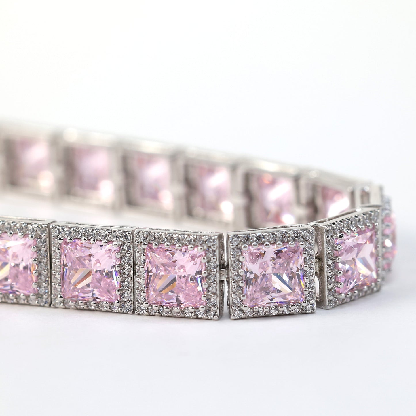 Only 1 piece Micro-setting Light pink diamond color lab created stones princess cut fully studded bracelet, sterling silver